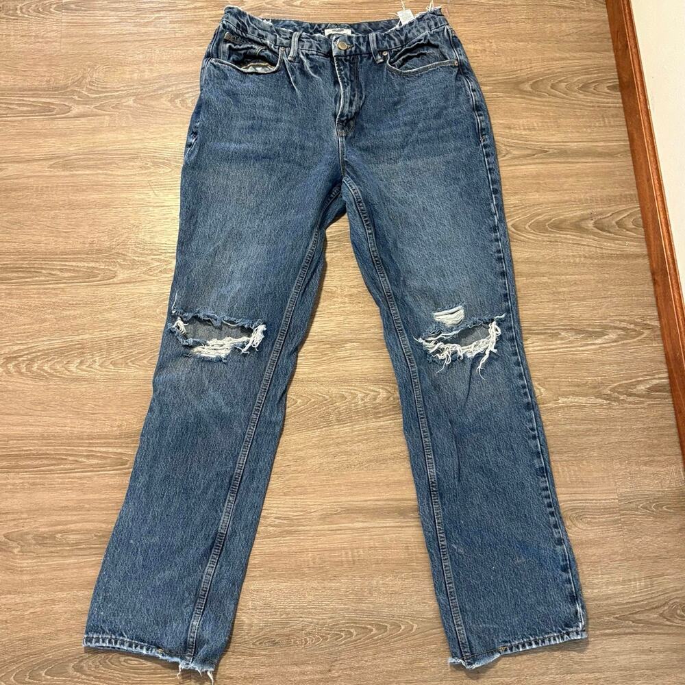 Good American Distressed Straight Leg Jeans Size 14 Frayed Waist Medium Wash​
